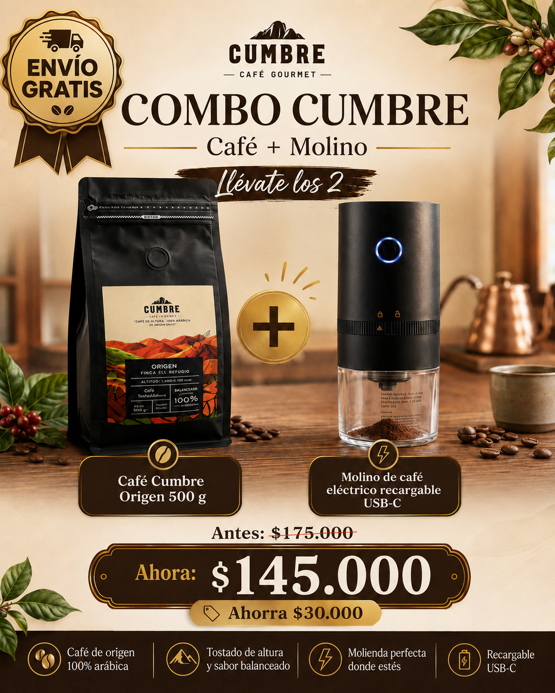 Combo Cumbre — Café 500 g + Molino USB-C