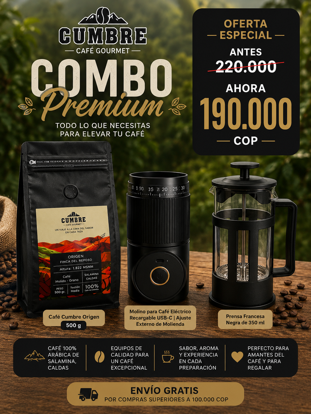 Combo Premium — Café 500 g + Molino USB-C + Prensa Francesa