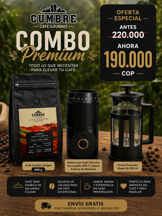 Combo Premium — Café 500 g + Molino USB-C + Prensa Francesa